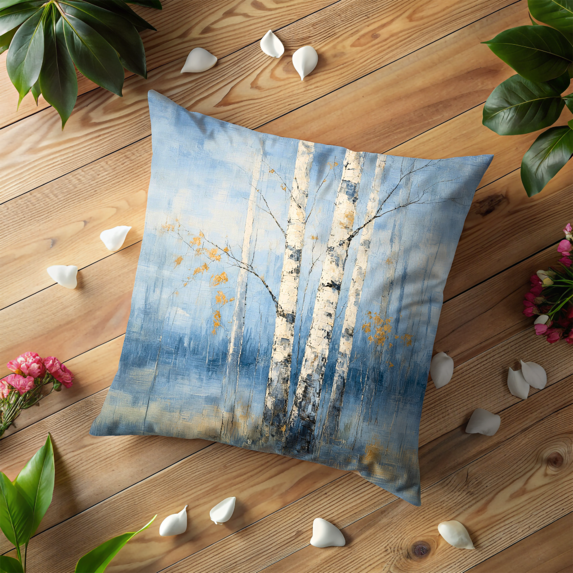 Blue Birch Trees Pillow Cover | Textured Winter Woodland Decor
