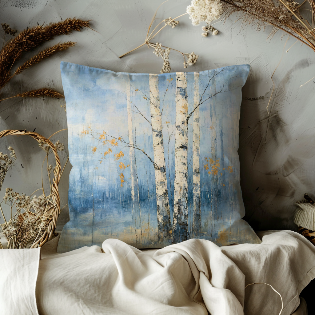 Blue Birch Trees Pillow Cover | Textured Winter Woodland Decor