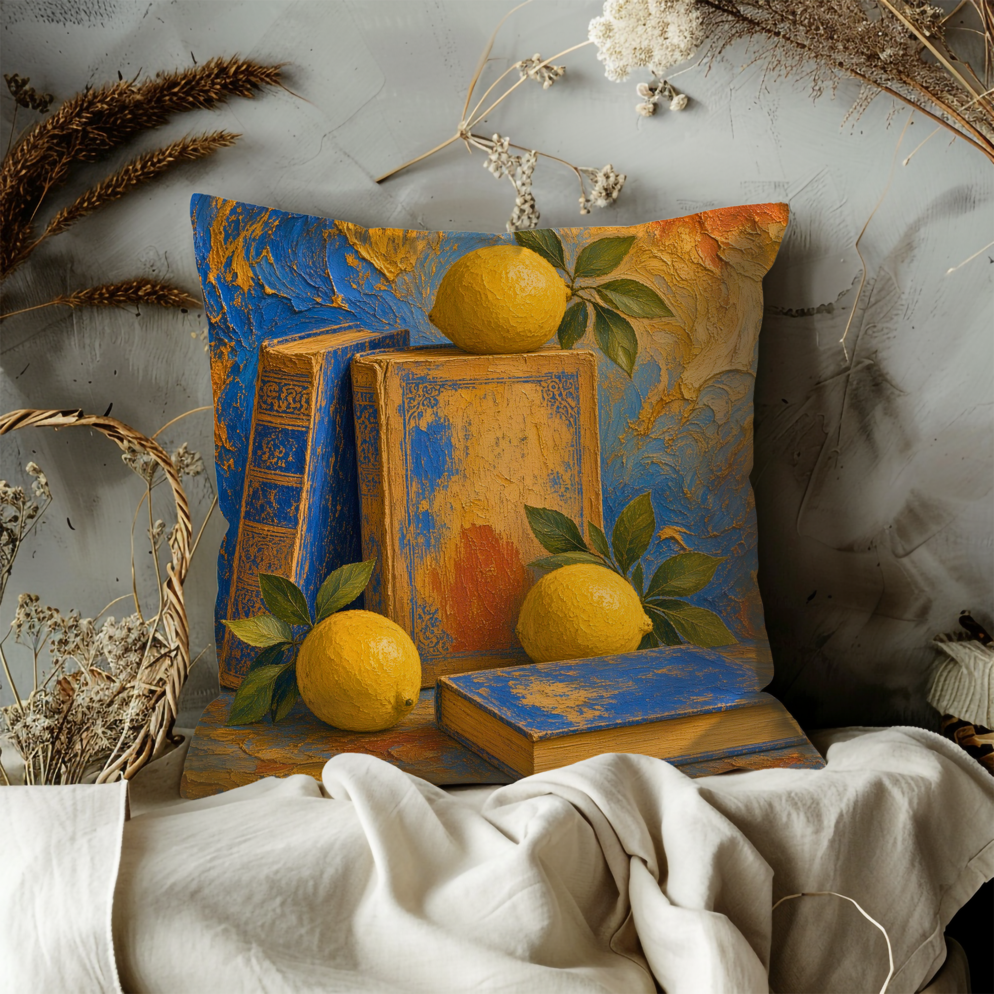 Lemons and Books Pillow Cover | Textured Blue Still Life Decor