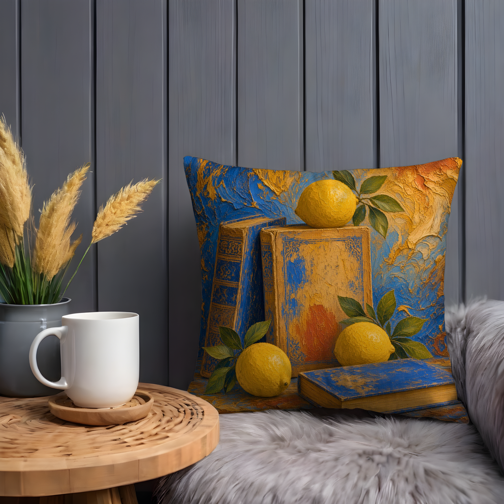 Lemons and Books Pillow Cover | Textured Blue Still Life Decor