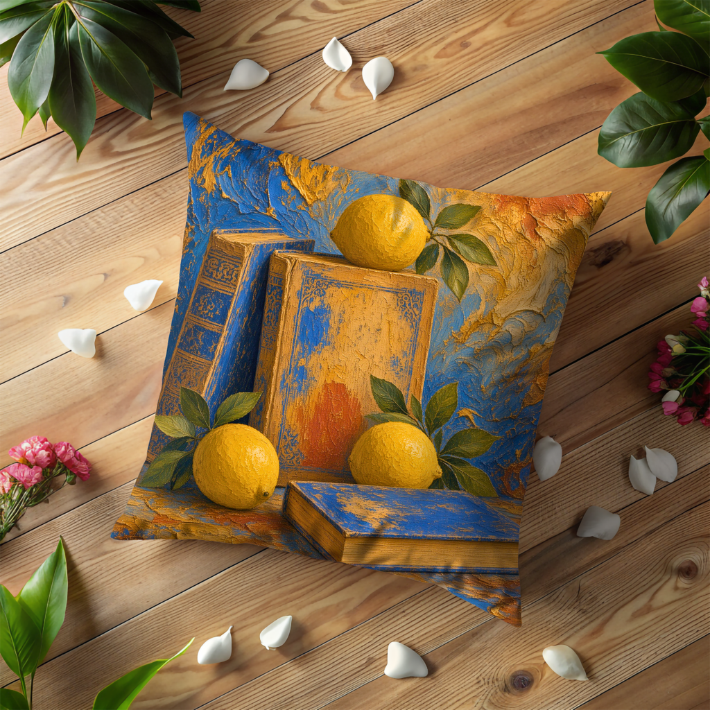 Lemons and Books Pillow Cover | Textured Blue Still Life Decor