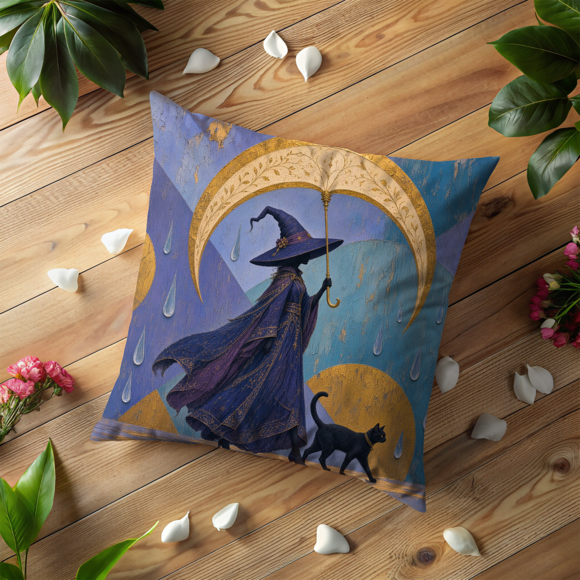 Witch Umbrella Black Cat Rain Pillow Cover | Mystical Fantasy Art | Elegant Night Decor