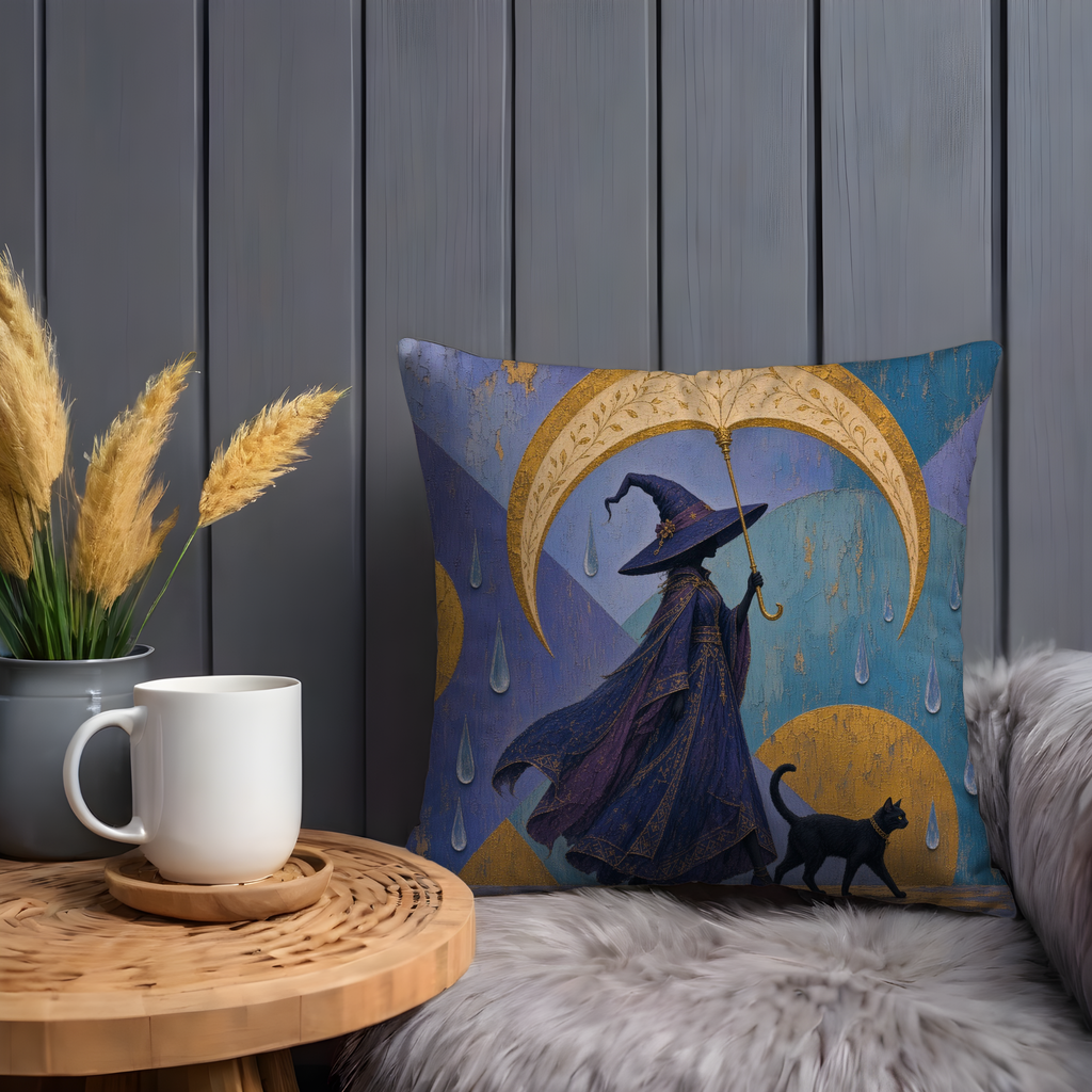 Witch Umbrella Black Cat Rain Pillow Cover | Mystical Fantasy Art | Elegant Night Decor