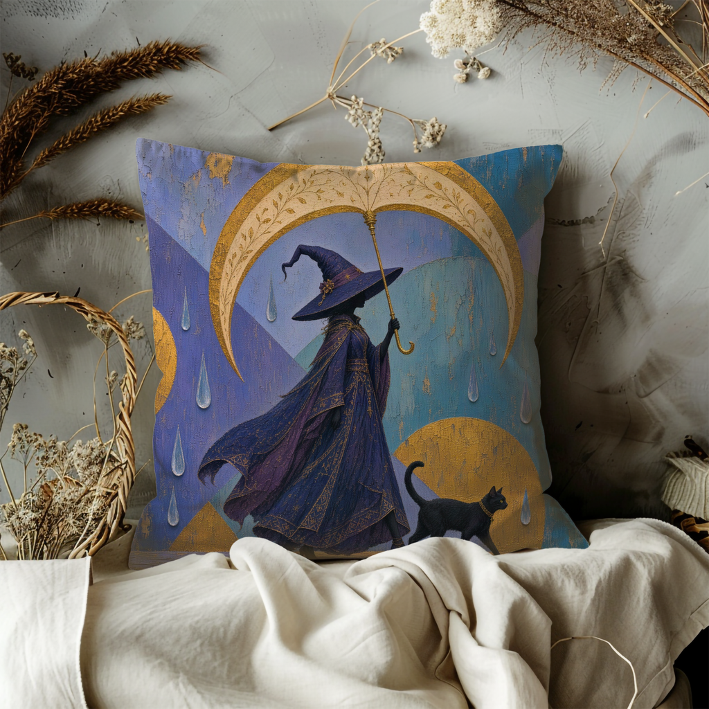 Witch Umbrella Black Cat Rain Pillow Cover | Mystical Fantasy Art | Elegant Night Decor