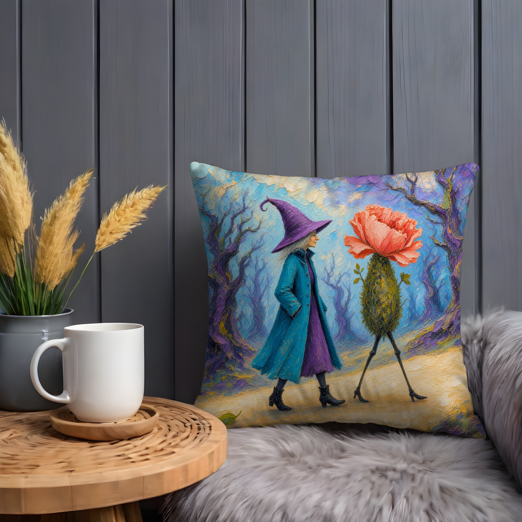 Witch and Flower Creature Path Pillow Cover | Whimsical Fantasy Art | Magical Forest Decor