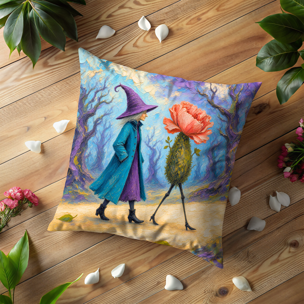 Witch and Flower Creature Path Pillow Cover | Whimsical Fantasy Art | Magical Forest Decor