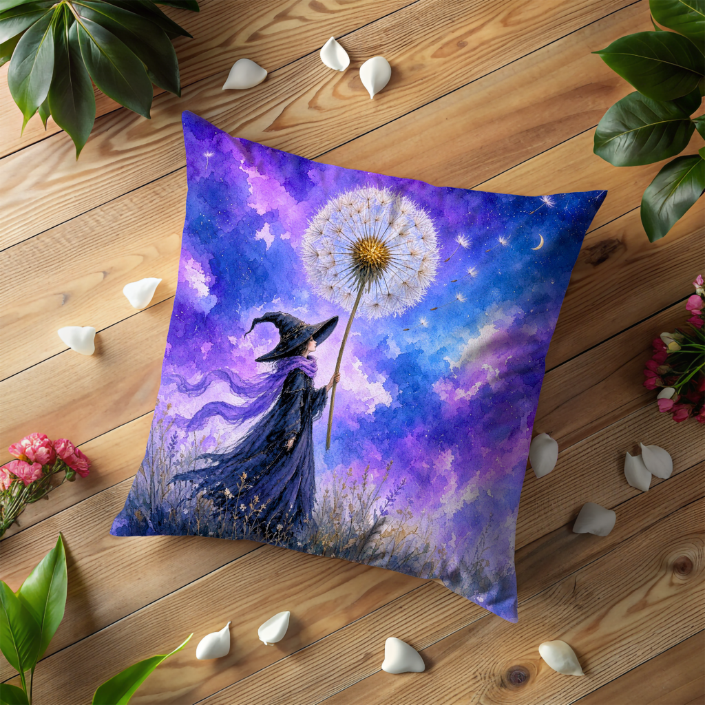 Witch Dandelion Seed Sky Pillow Cover | Mystical Fantasy Art | Soft Night Decor