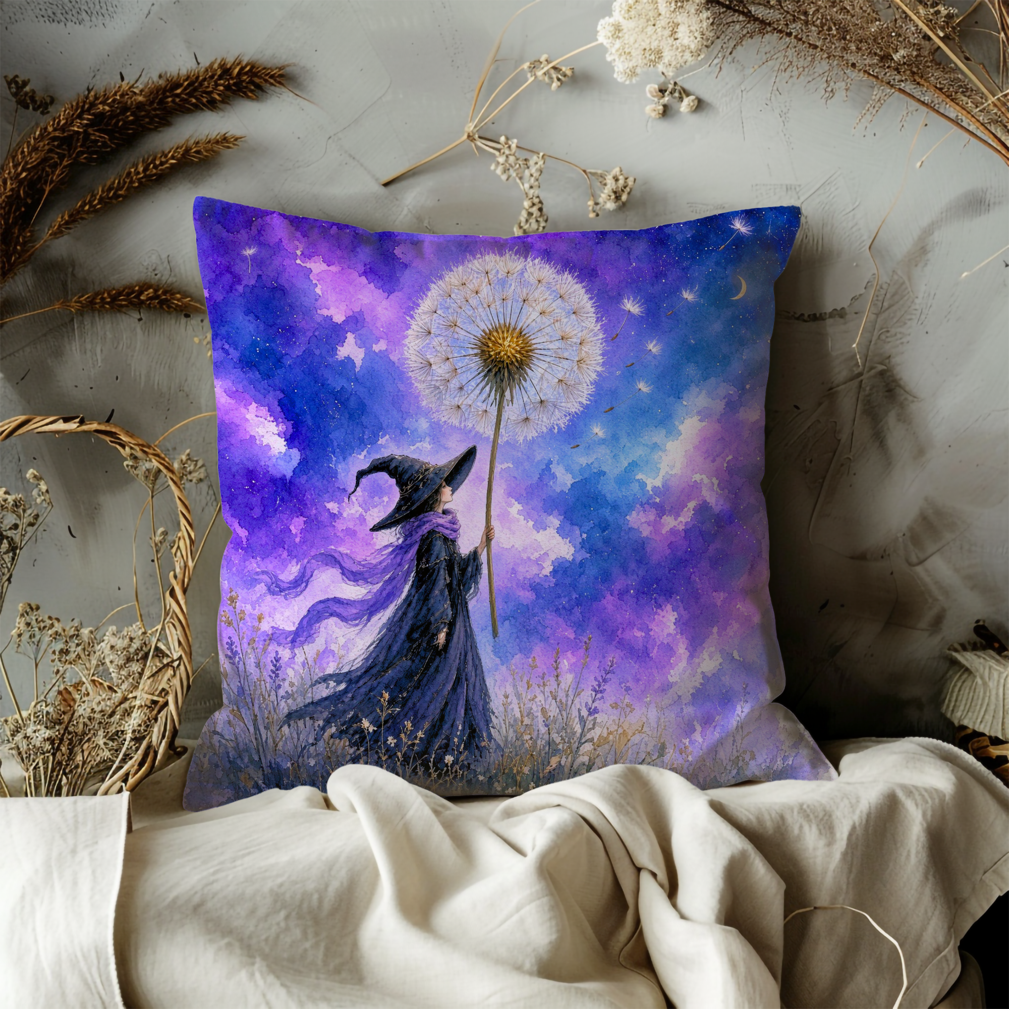 Witch Dandelion Seed Sky Pillow Cover | Mystical Fantasy Art | Soft Night Decor
