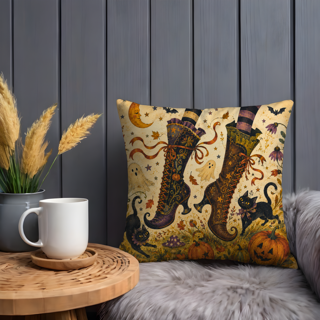 Witch Boots Black Cats Ghosts Pillow Cover | Whimsical Halloween Art | Playful Autumn Decor