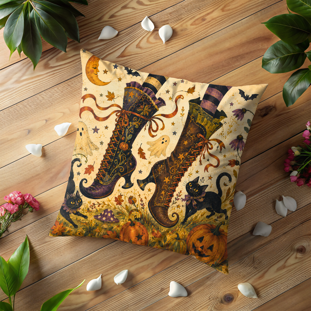 Witch Boots Black Cats Ghosts Pillow Cover | Whimsical Halloween Art | Playful Autumn Decor