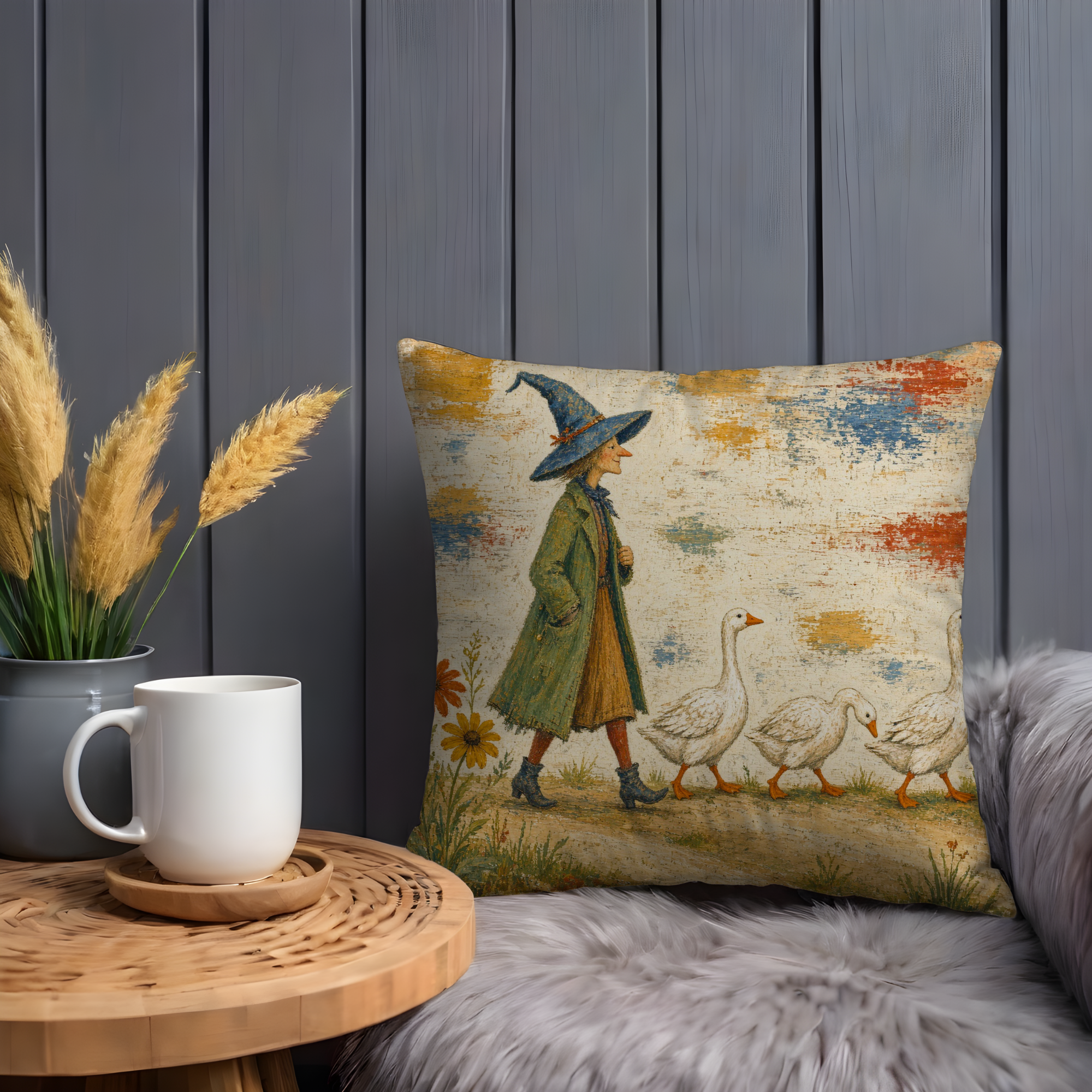 Witch and Geese Country Walk Pillow Cover | Whimsical Halloween Art | Storybook Autumn Decor