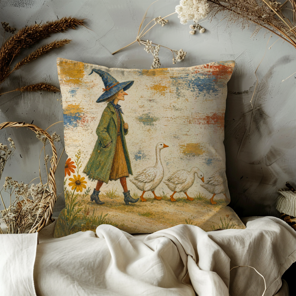 Witch and Geese Country Walk Pillow Cover | Whimsical Halloween Art | Storybook Autumn Decor