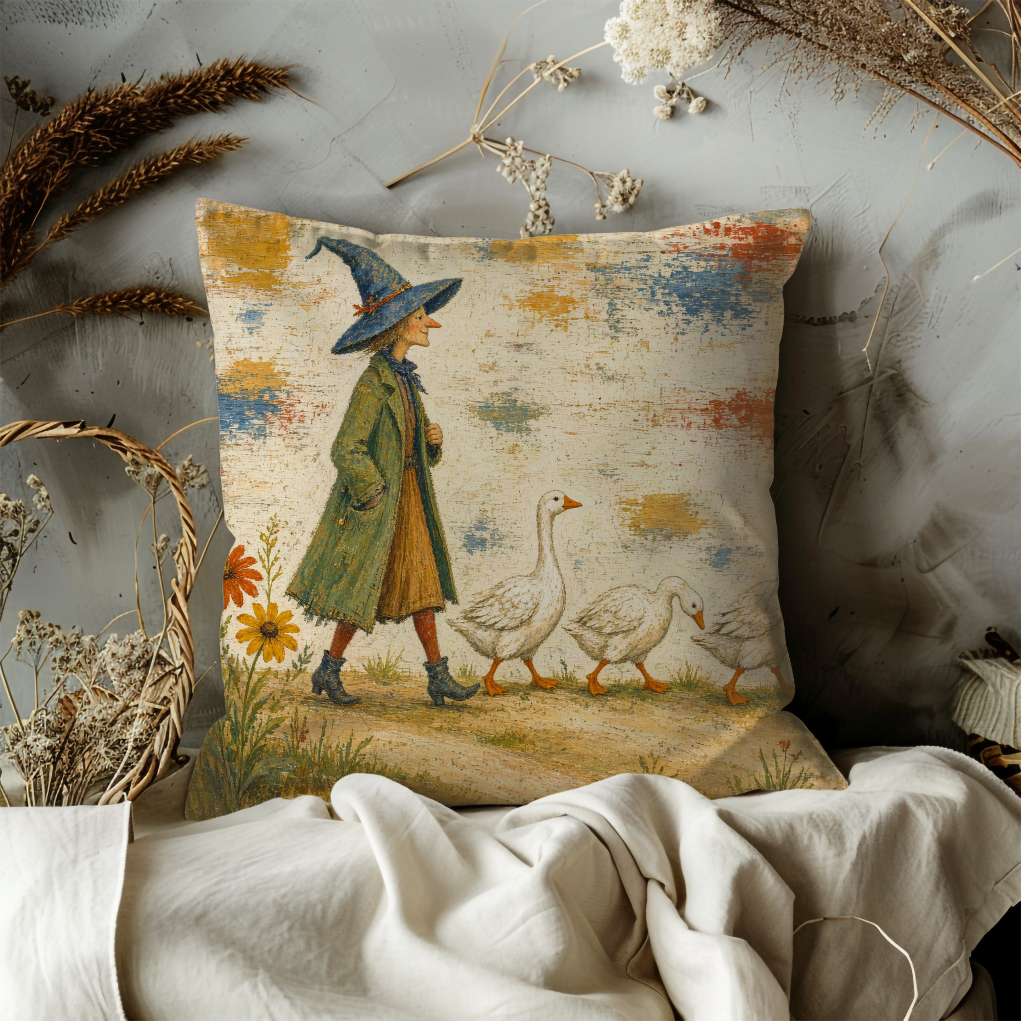 Witch and Geese Country Walk Pillow Cover | Whimsical Halloween Art | Storybook Autumn Decor