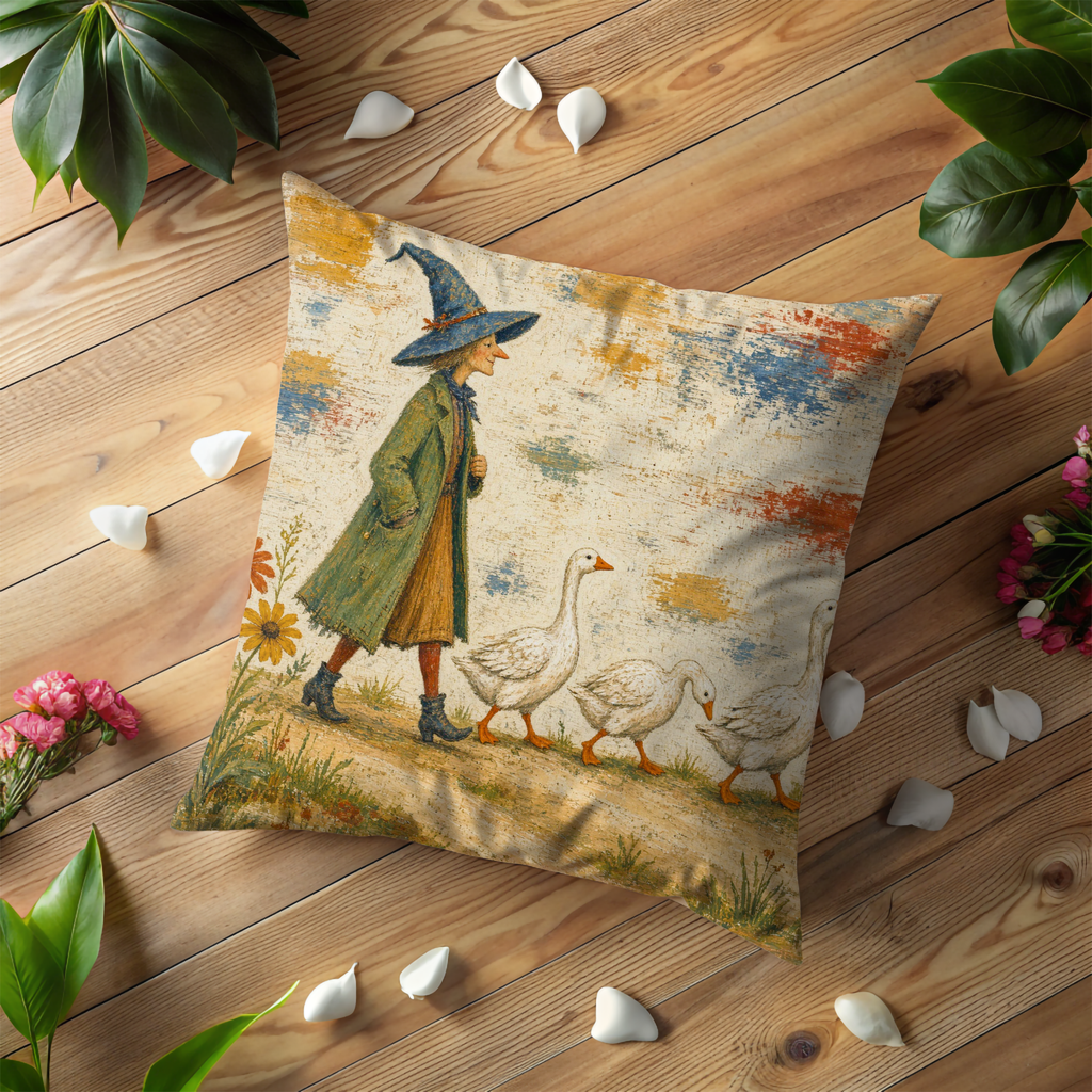 Witch and Geese Country Walk Pillow Cover | Whimsical Halloween Art | Storybook Autumn Decor