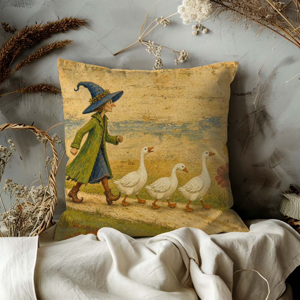 Witch Walking with Geese Pillow Cover | Whimsical Halloween Art | Storybook Autumn Decor