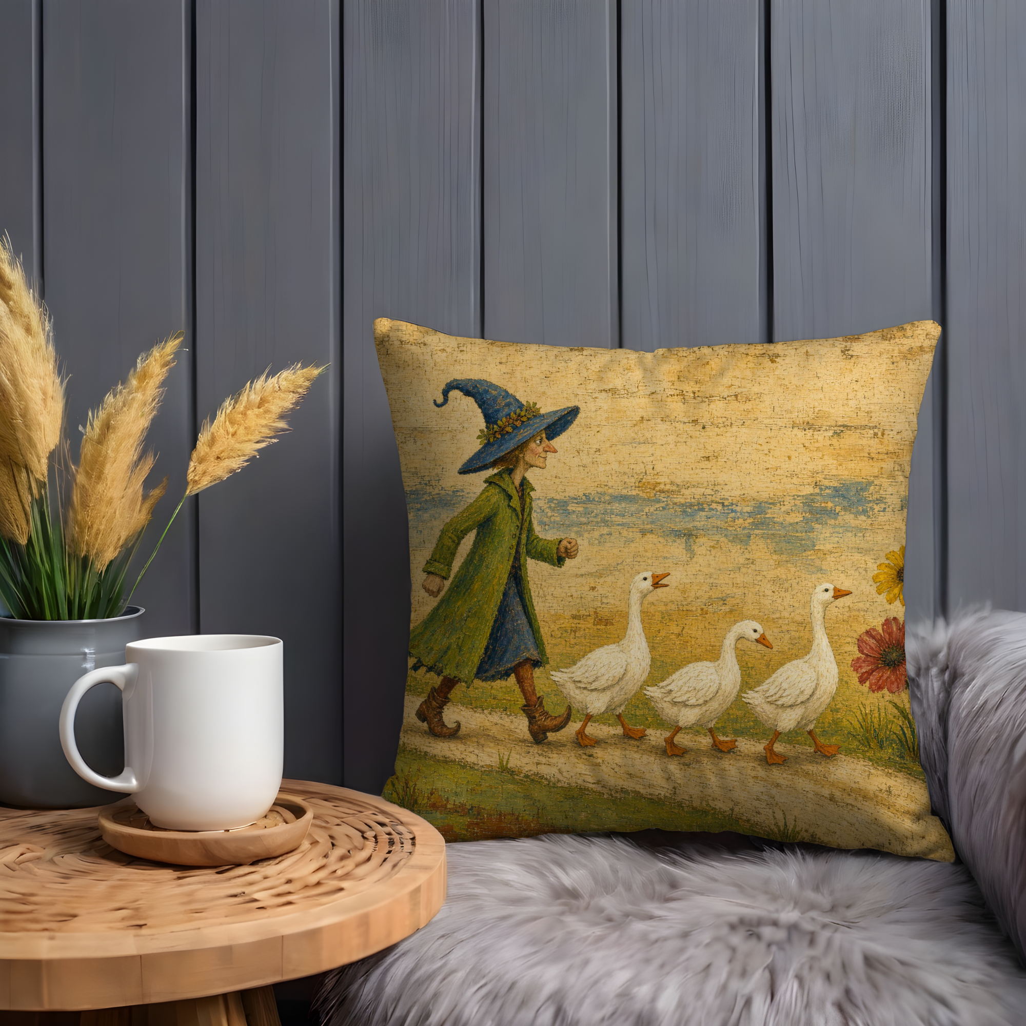 Witch Walking with Geese Pillow Cover | Whimsical Halloween Art | Storybook Autumn Decor