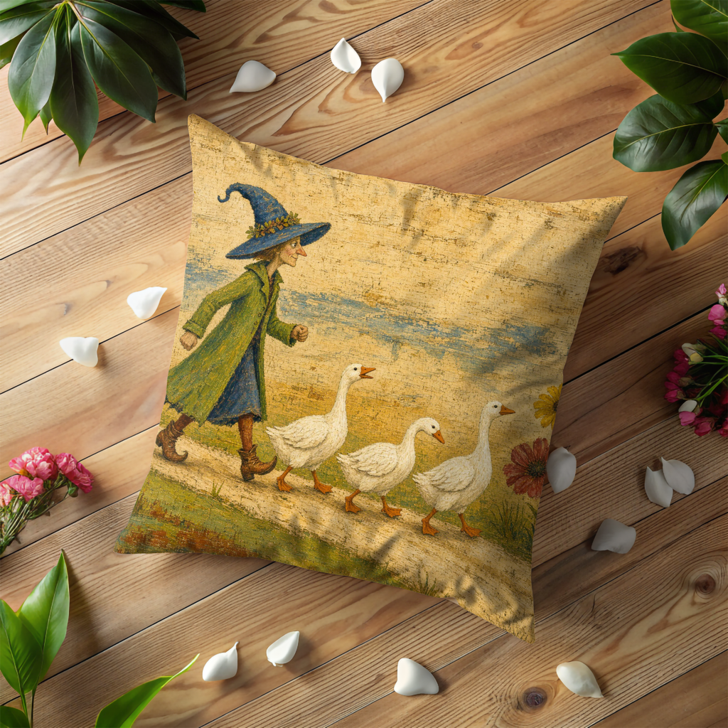 Witch Walking with Geese Pillow Cover | Whimsical Halloween Art | Storybook Autumn Decor