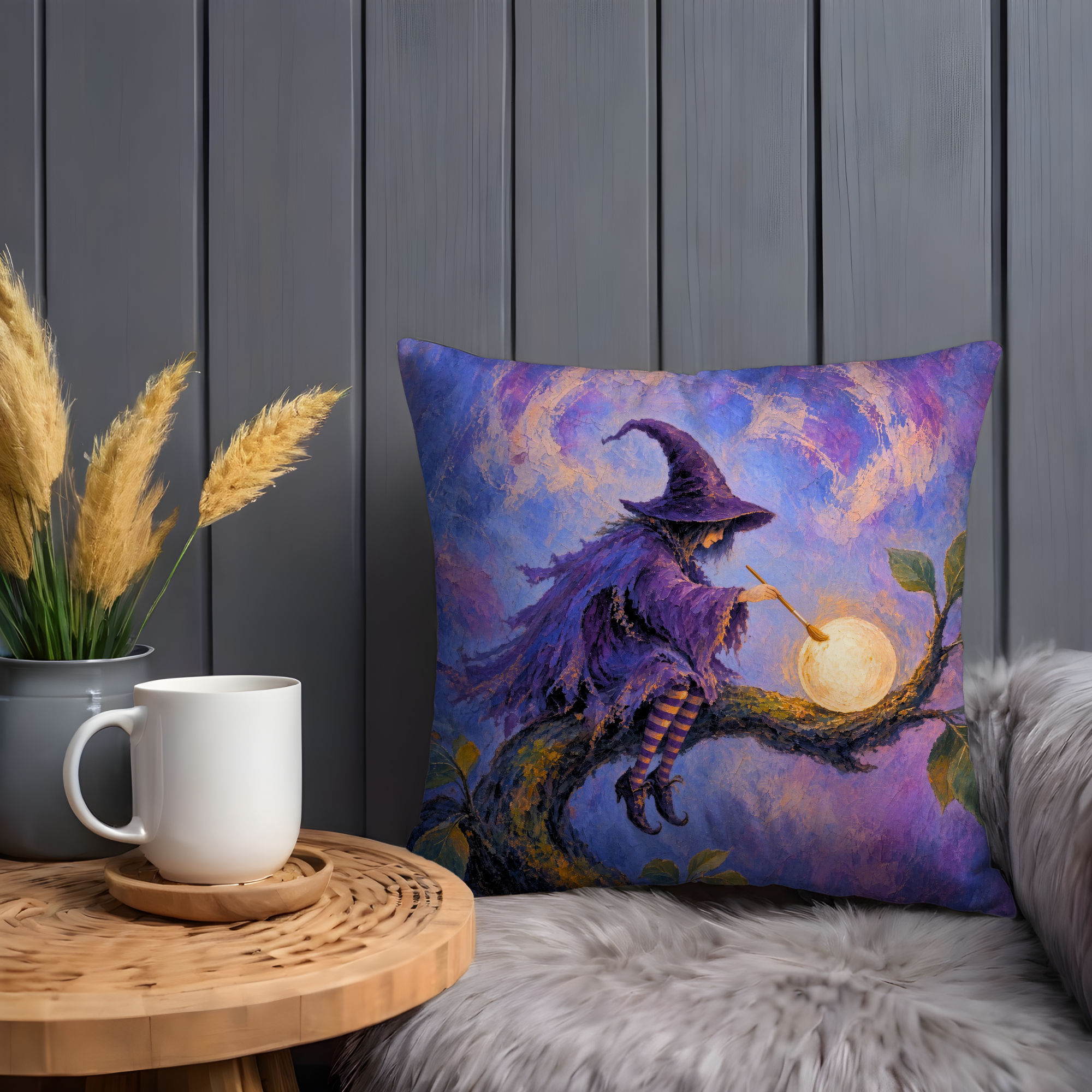 Moonlit Witch Pillow Cover | Purple Fantasy Art