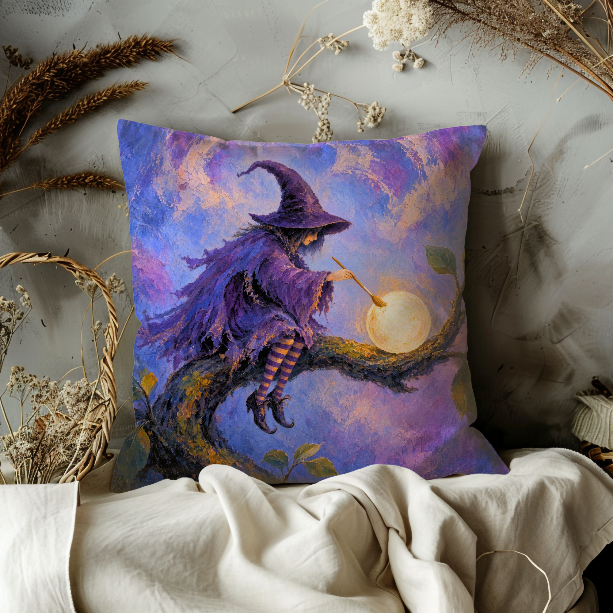 Moonlit Witch Pillow Cover | Purple Fantasy Art