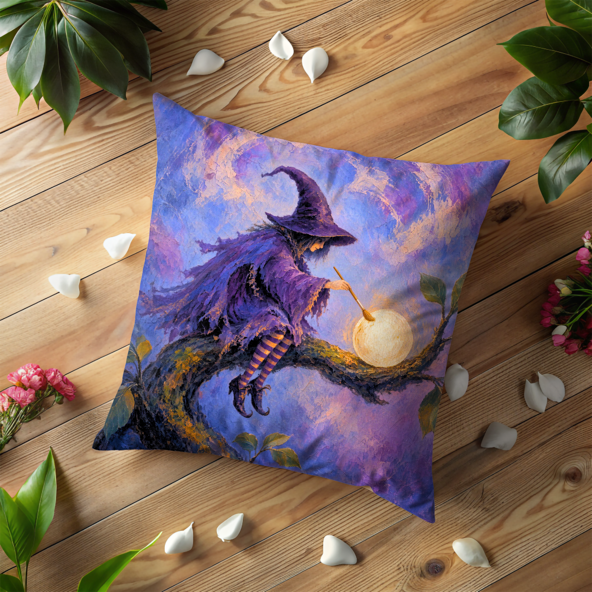 Moonlit Witch Pillow Cover | Purple Fantasy Art