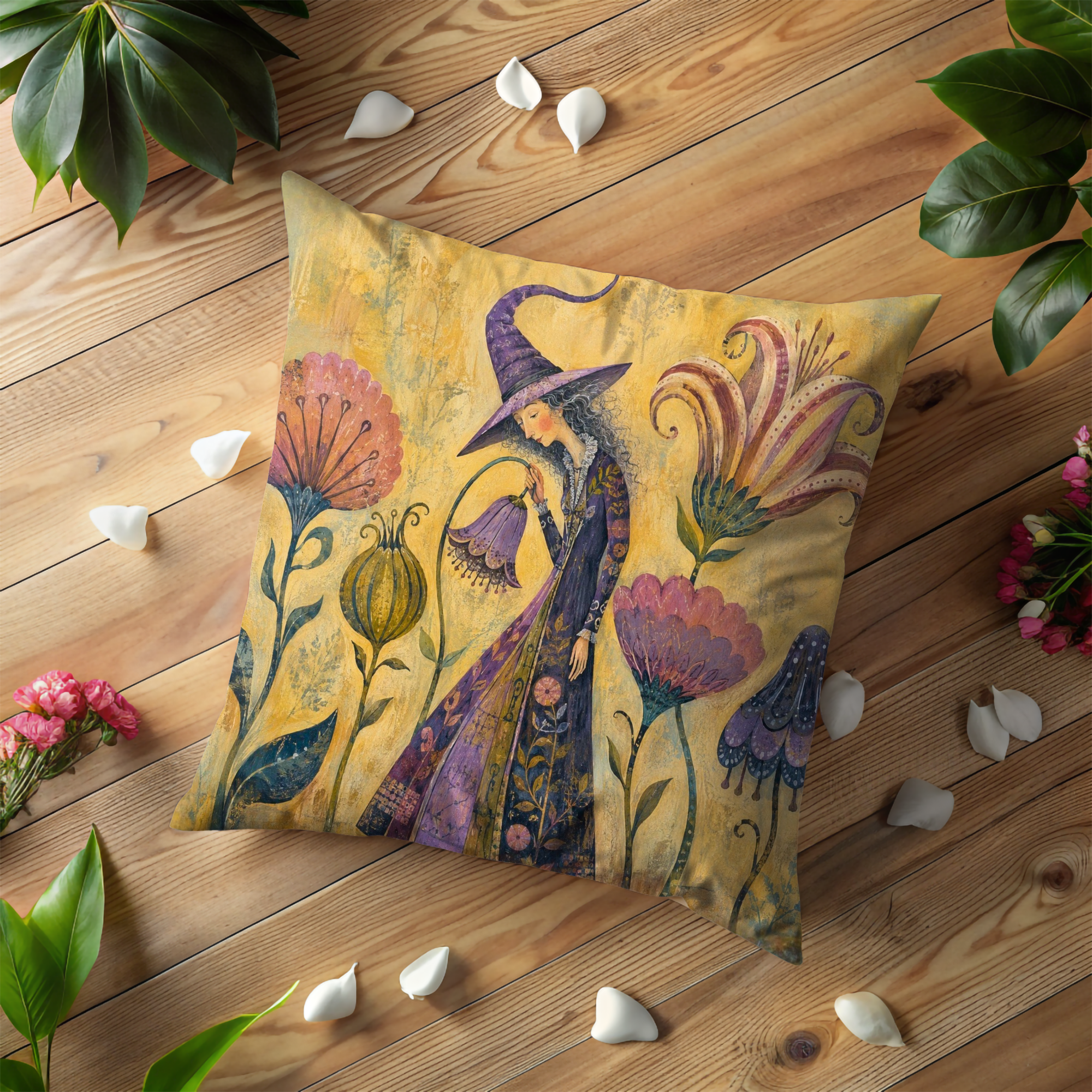 Gentle Witch Purple Hat Flower Garden Pillow Cover | Whimsical Fairy Art | Soft Magical Decor