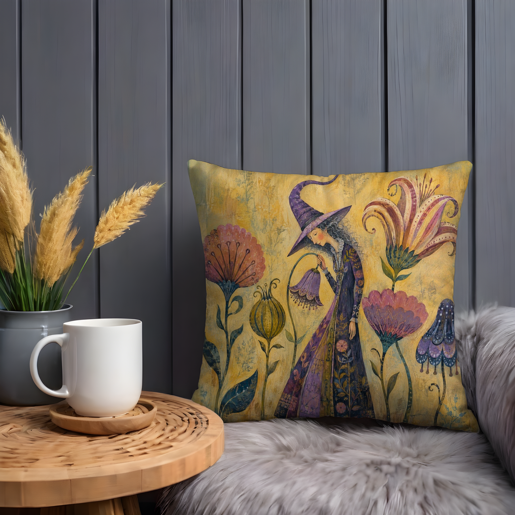 Gentle Witch Purple Hat Flower Garden Pillow Cover | Whimsical Fairy Art | Soft Magical Decor