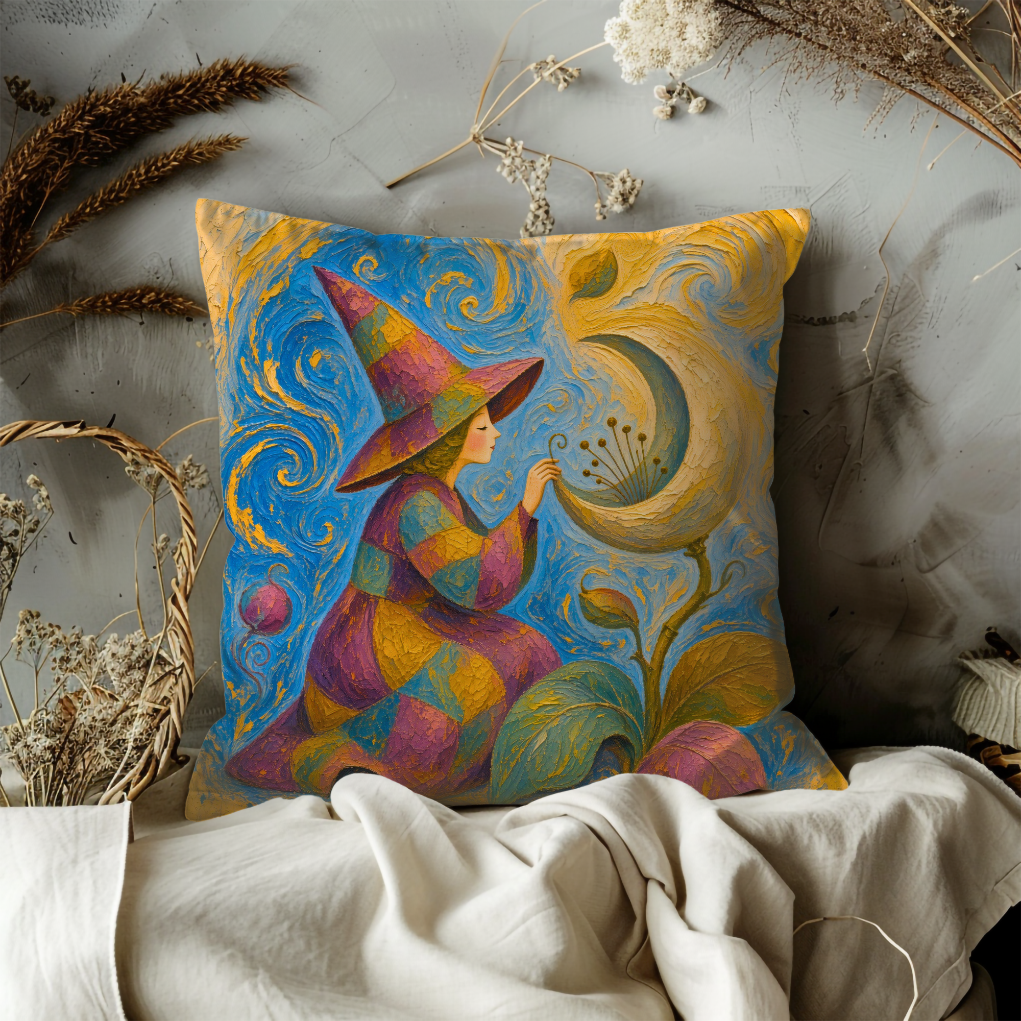 Colorful Witch Glowing Flower Swirl Pillow Cover | Whimsical Fantasy Art | Vibrant Magical Decor