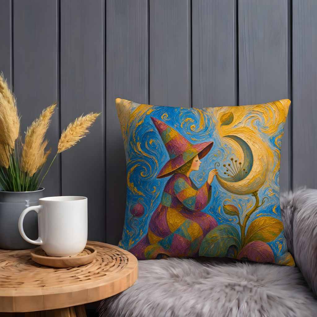 Colorful Witch Glowing Flower Swirl Pillow Cover | Whimsical Fantasy Art | Vibrant Magical Decor