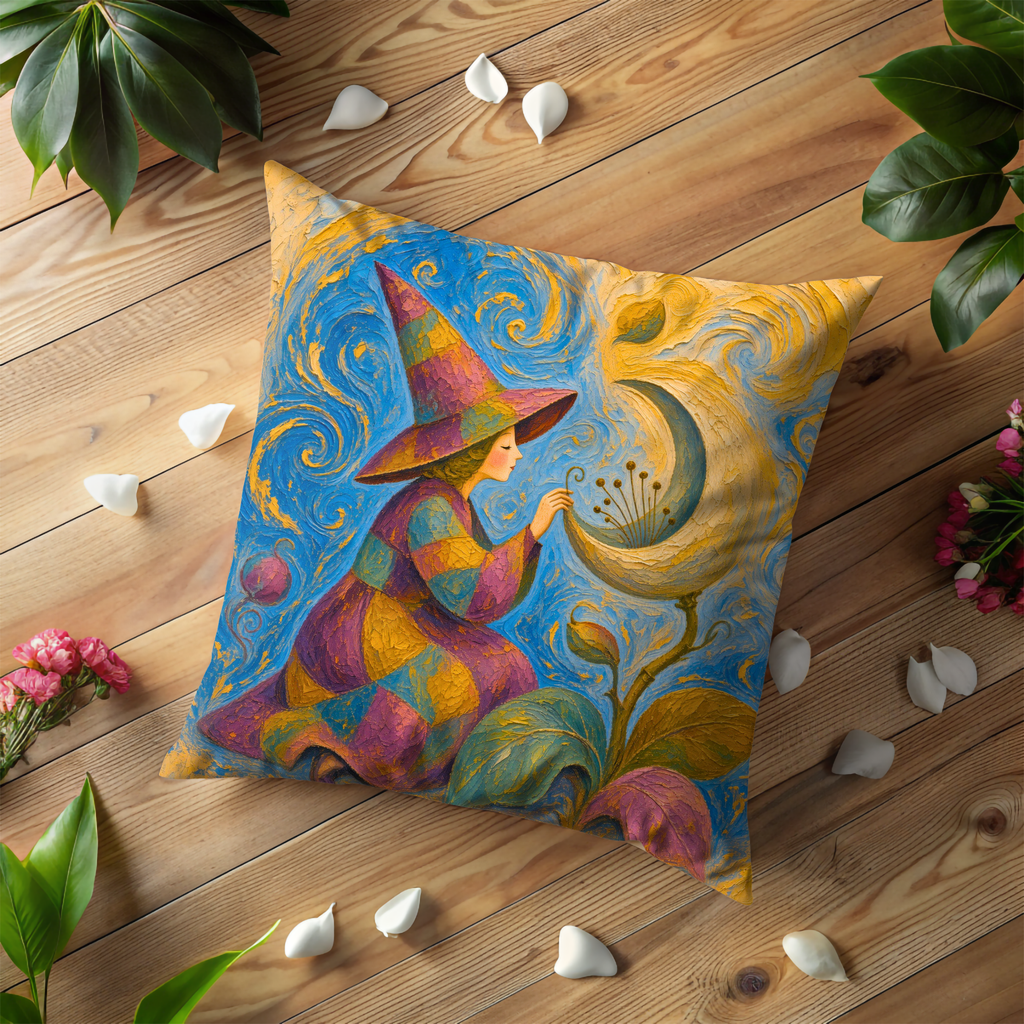 Colorful Witch Glowing Flower Swirl Pillow Cover | Whimsical Fantasy Art | Vibrant Magical Decor