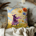 Young Witch Wildflower Field Pillow Cover | Whimsical Fantasy Art | Soft Meadow Decor