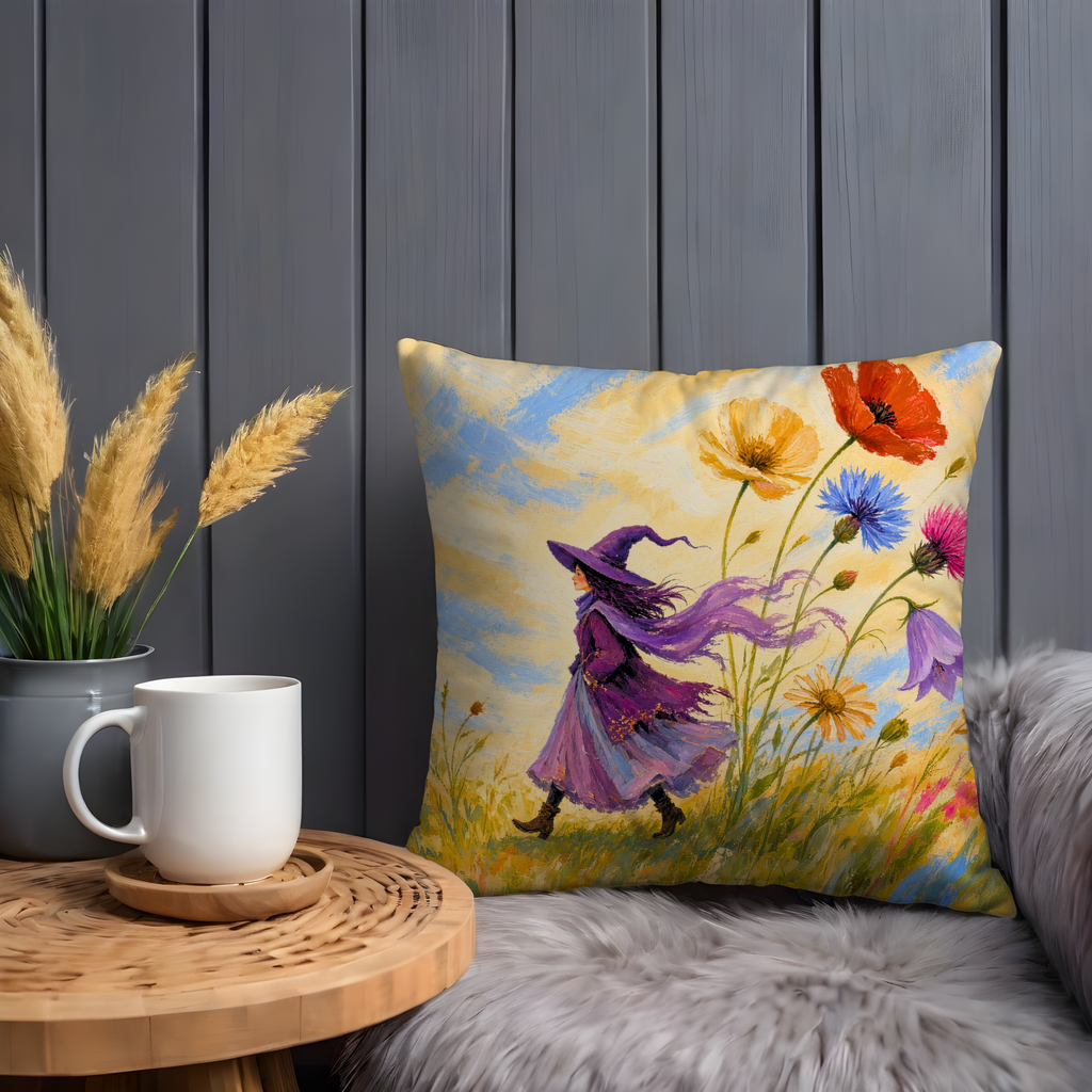 Young Witch Wildflower Field Pillow Cover | Whimsical Fantasy Art | Soft Meadow Decor