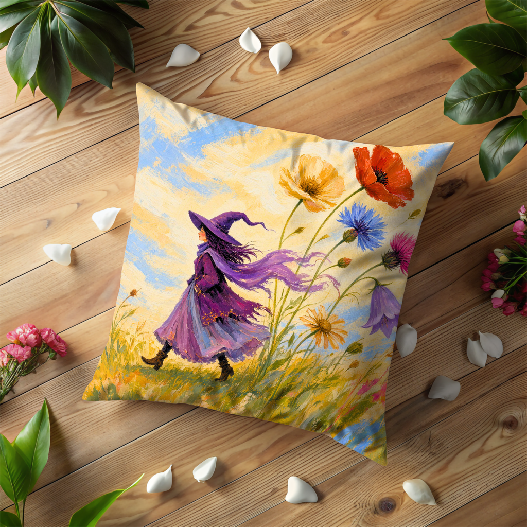 Young Witch Wildflower Field Pillow Cover | Whimsical Fantasy Art | Soft Meadow Decor