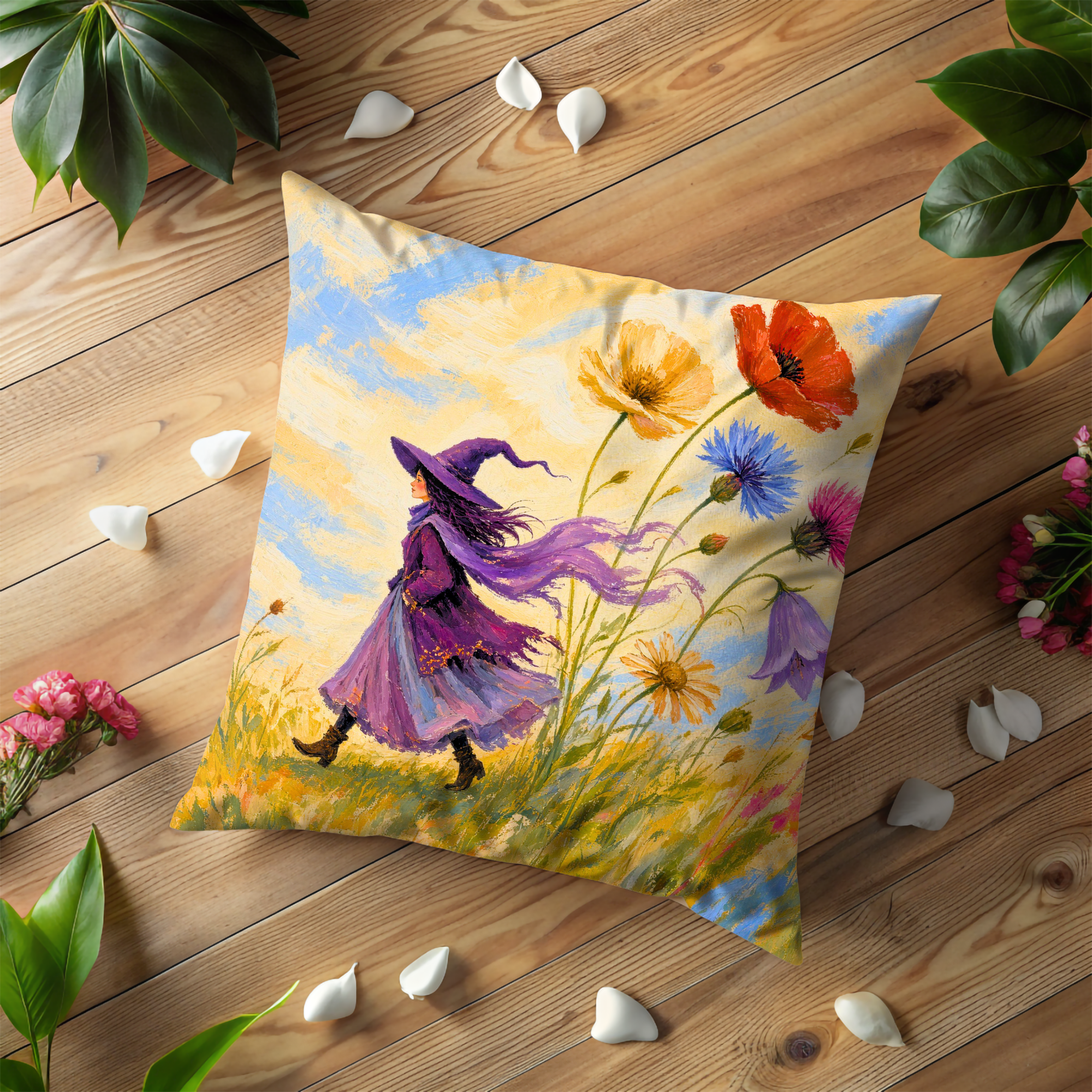 Young Witch Wildflower Field Pillow Cover | Whimsical Fantasy Art | Soft Meadow Decor