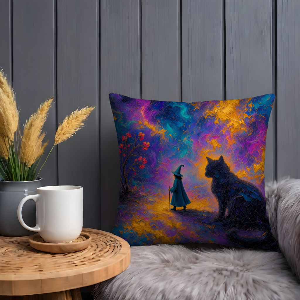 Little Witch and Black Cat Path Pillow Cover | Mystical Fantasy Art | Magical Night Decor