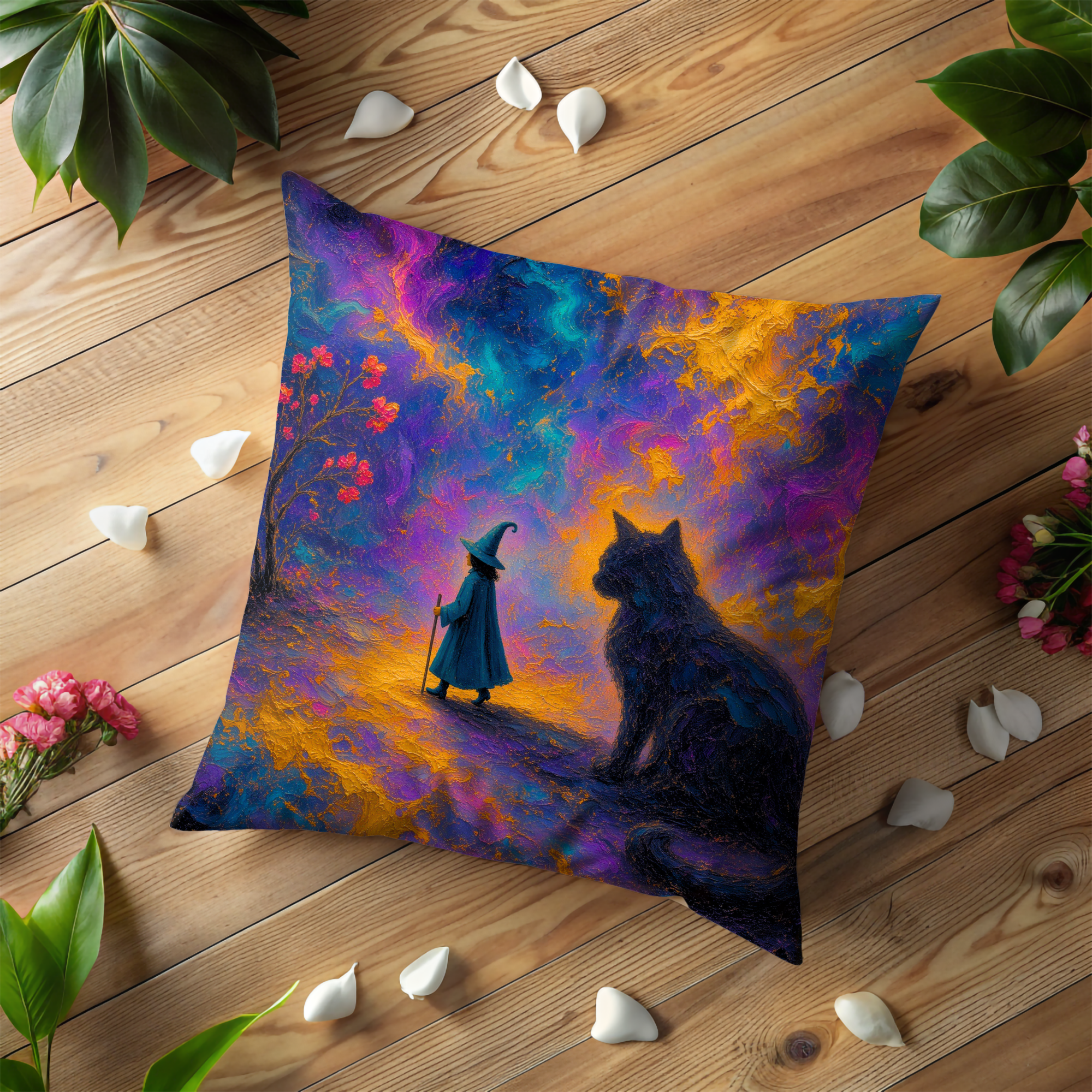 Little Witch and Black Cat Path Pillow Cover | Mystical Fantasy Art | Magical Night Decor
