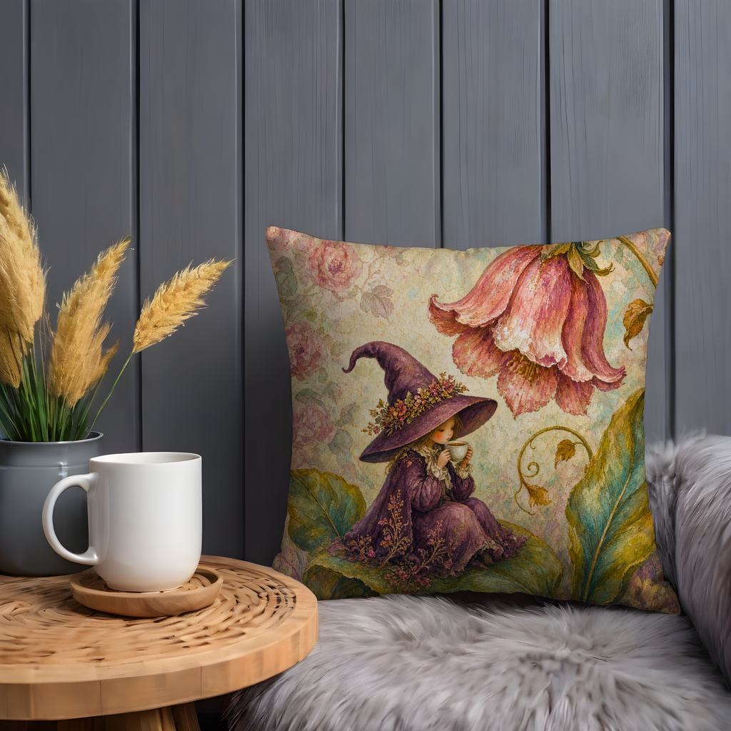 Little Witch Tea Cup Flowers Pillow Cover | Whimsical Fantasy Art | Soft Storybook Decor