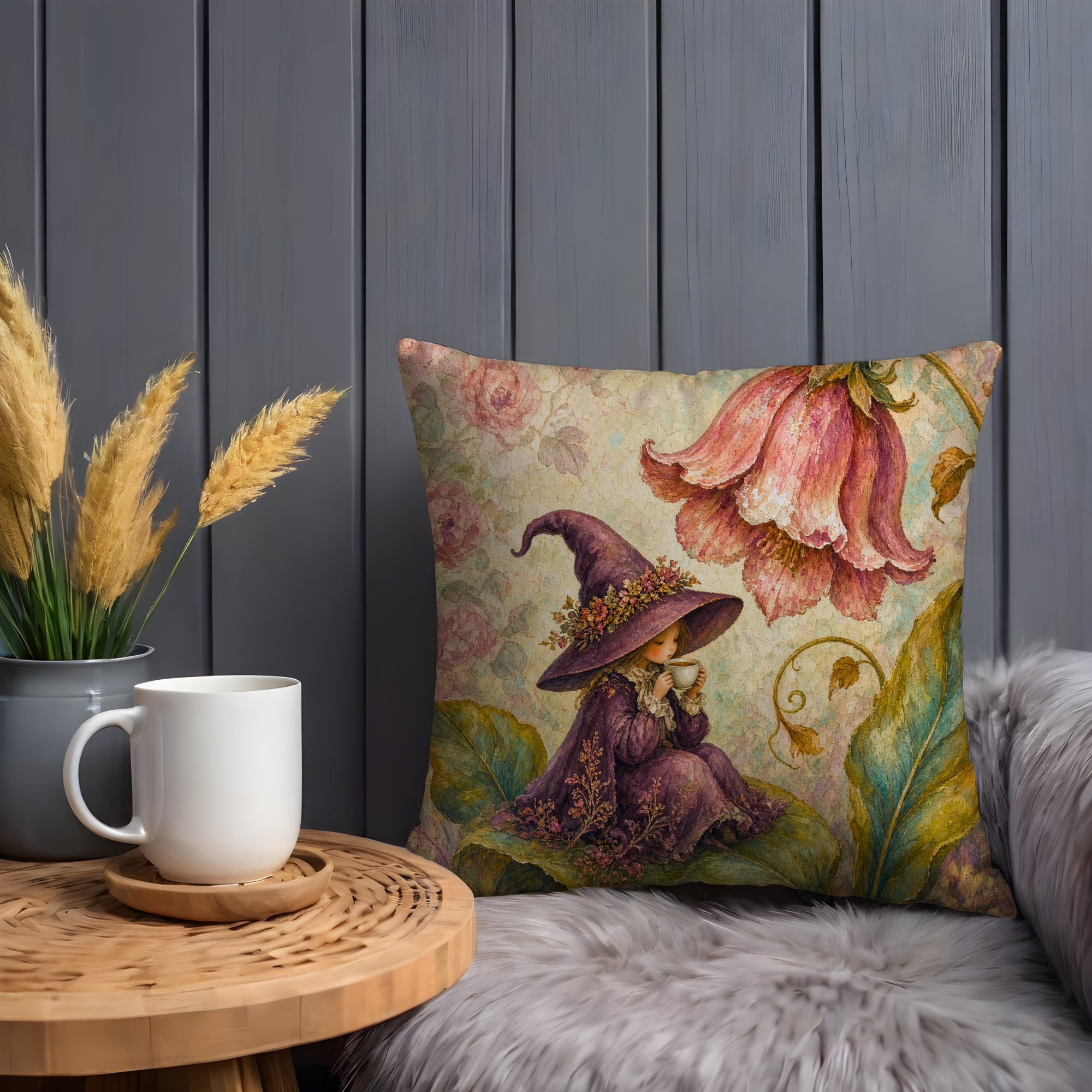 Little Witch Tea Cup Flowers Pillow Cover | Whimsical Fantasy Art | Soft Storybook Decor