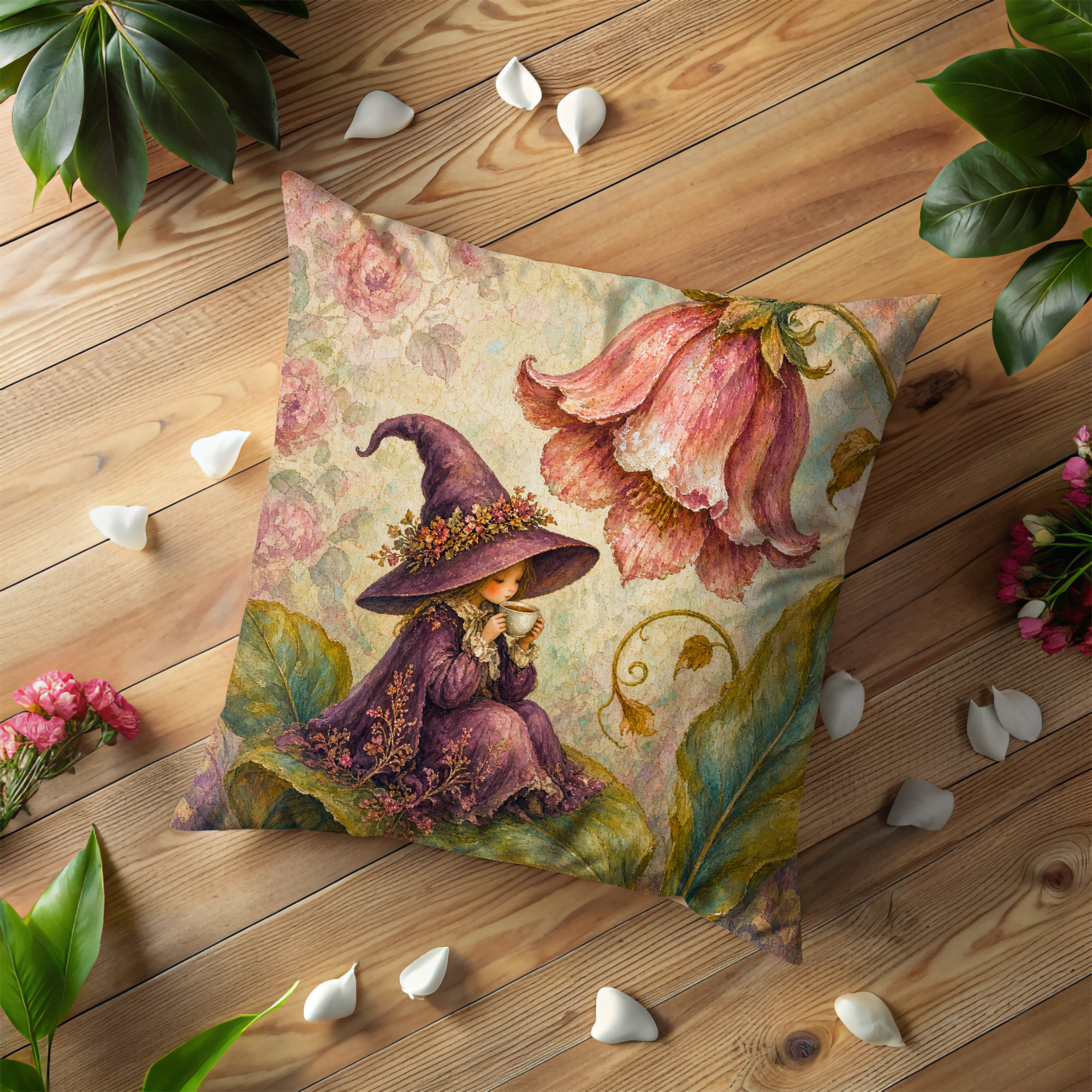 Little Witch Tea Cup Flowers Pillow Cover | Whimsical Fantasy Art | Soft Storybook Decor