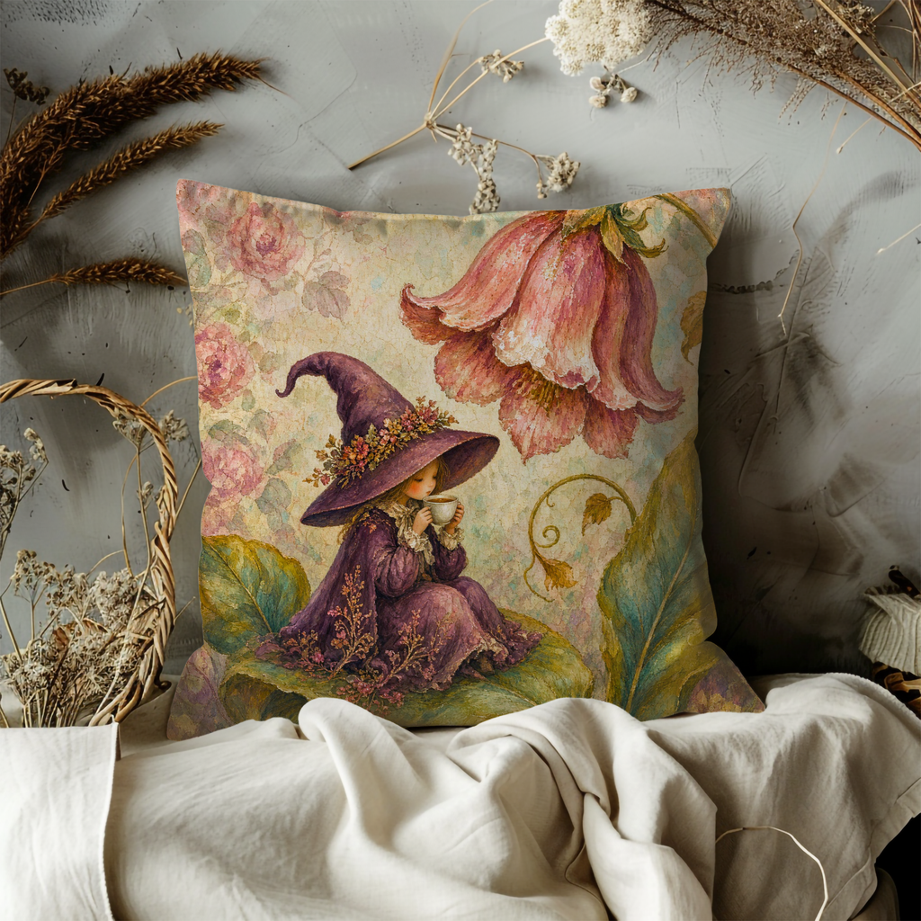 Little Witch Tea Cup Flowers Pillow Cover | Whimsical Fantasy Art | Soft Storybook Decor