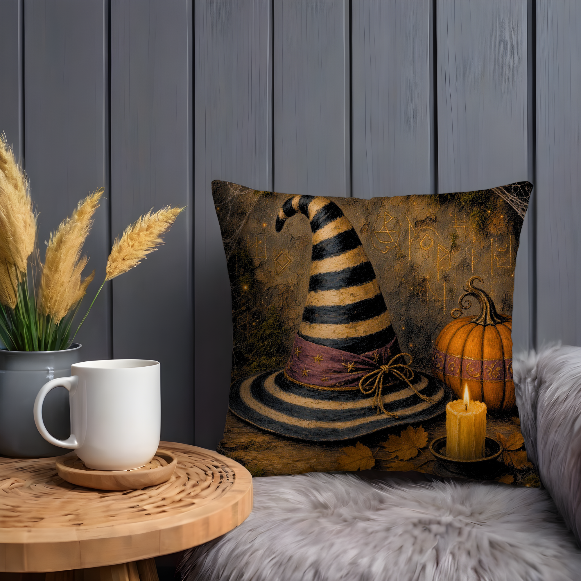 Striped Witch Hat Pumpkin Candle Pillow Cover | Classic Halloween Art | Cozy Mystical Decor