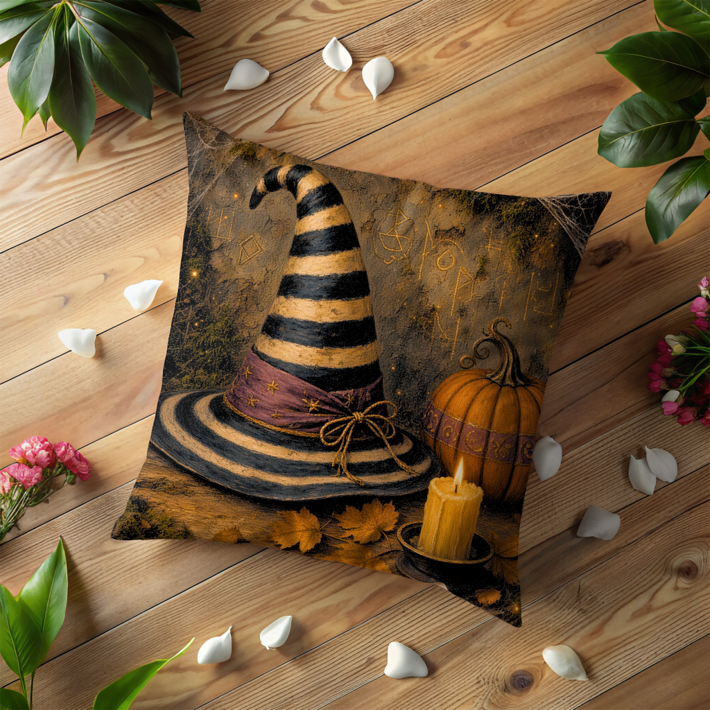 Striped Witch Hat Pumpkin Candle Pillow Cover | Classic Halloween Art | Cozy Mystical Decor