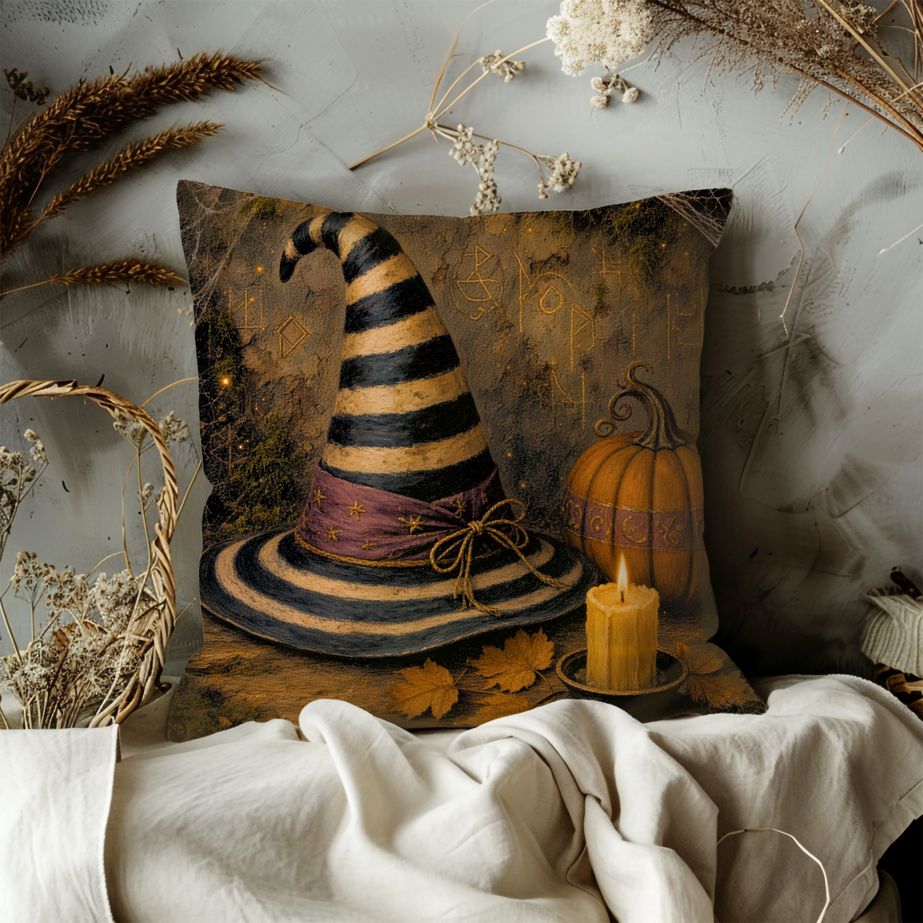 Striped Witch Hat Pumpkin Candle Pillow Cover | Classic Halloween Art | Cozy Mystical Decor