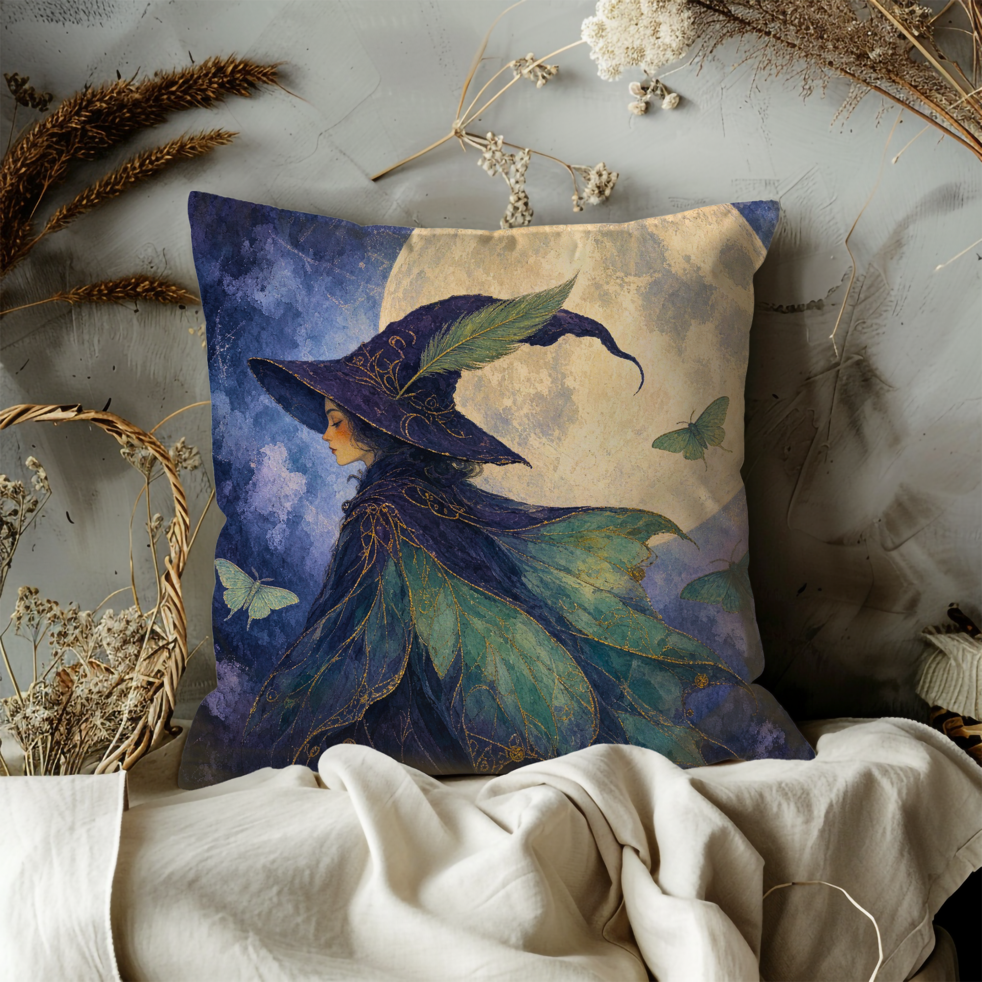 Ethereal Witch Full Moon Moths Pillow Cover | Mystical Fantasy Art | Soft Night Decor