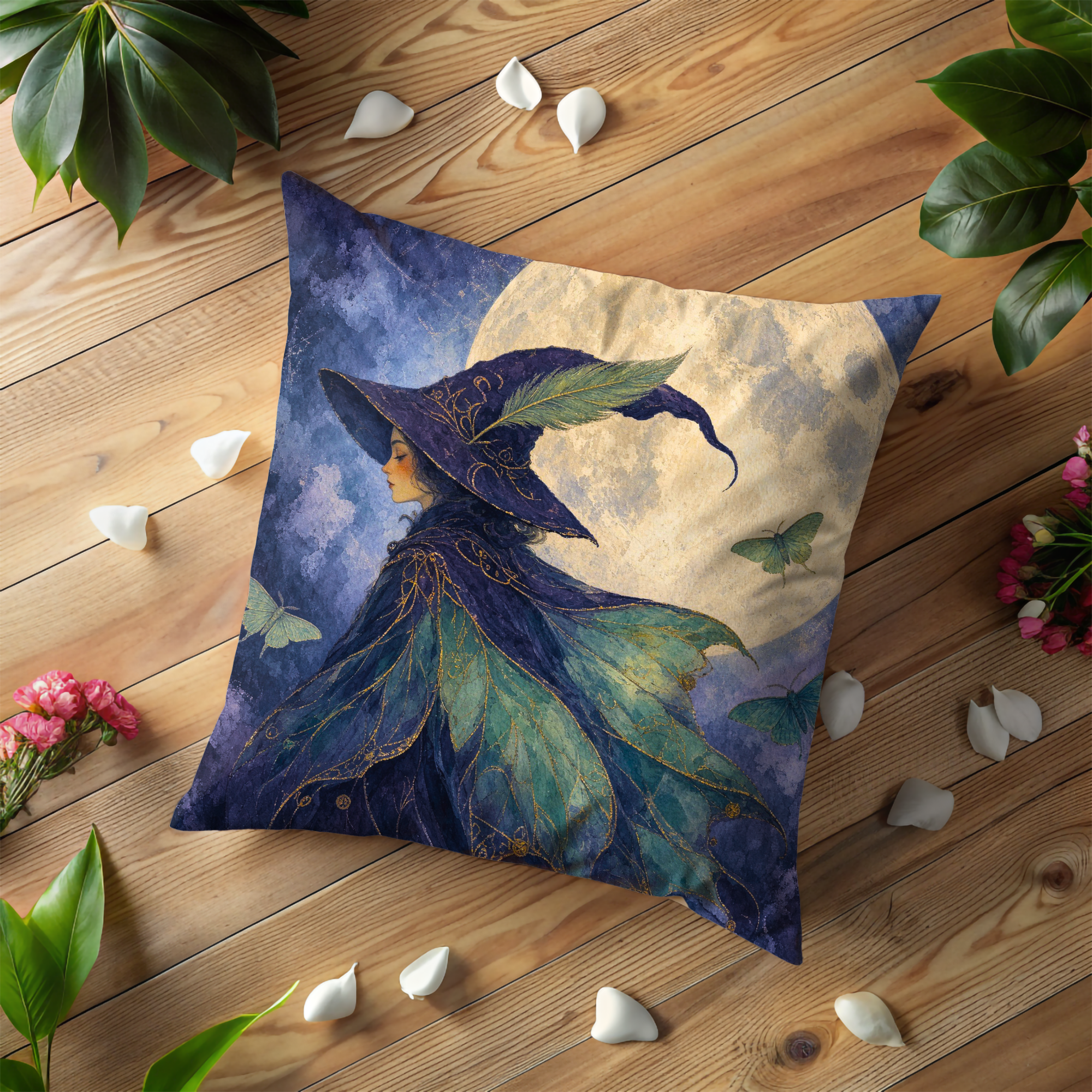 Ethereal Witch Full Moon Moths Pillow Cover | Mystical Fantasy Art | Soft Night Decor