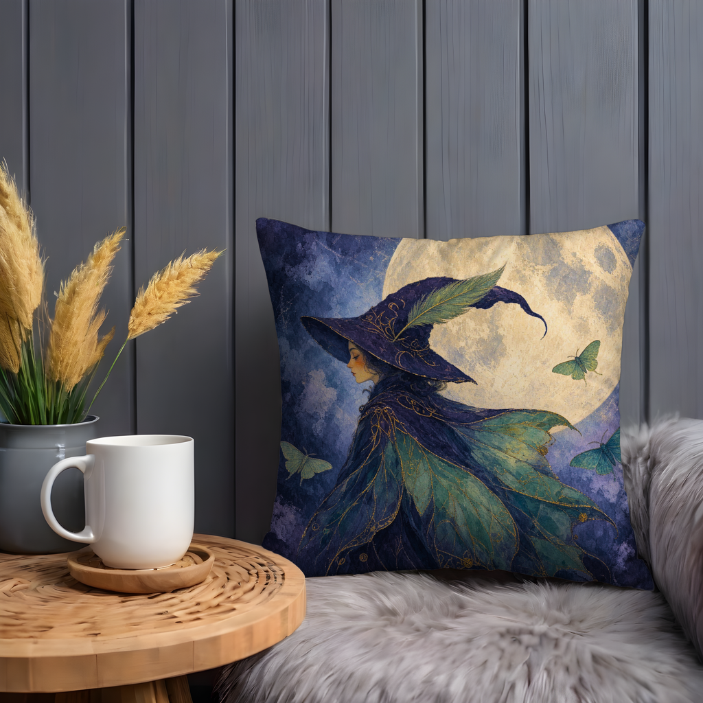 Ethereal Witch Full Moon Moths Pillow Cover | Mystical Fantasy Art | Soft Night Decor