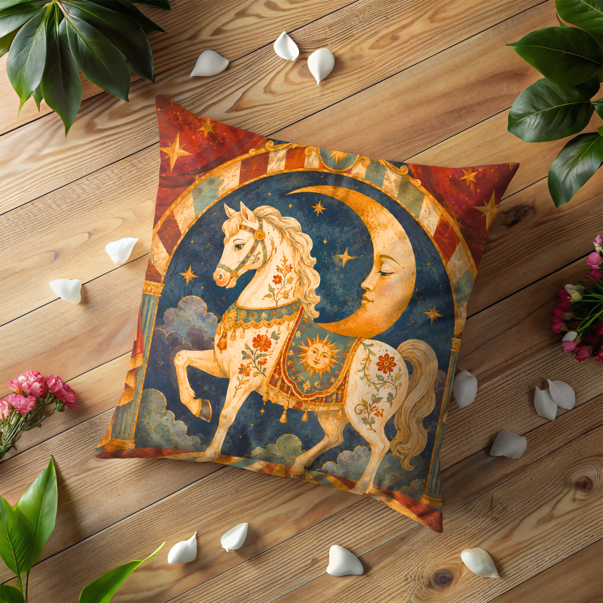 Celestial White Horse Pillow Cover | Textured Moon Art