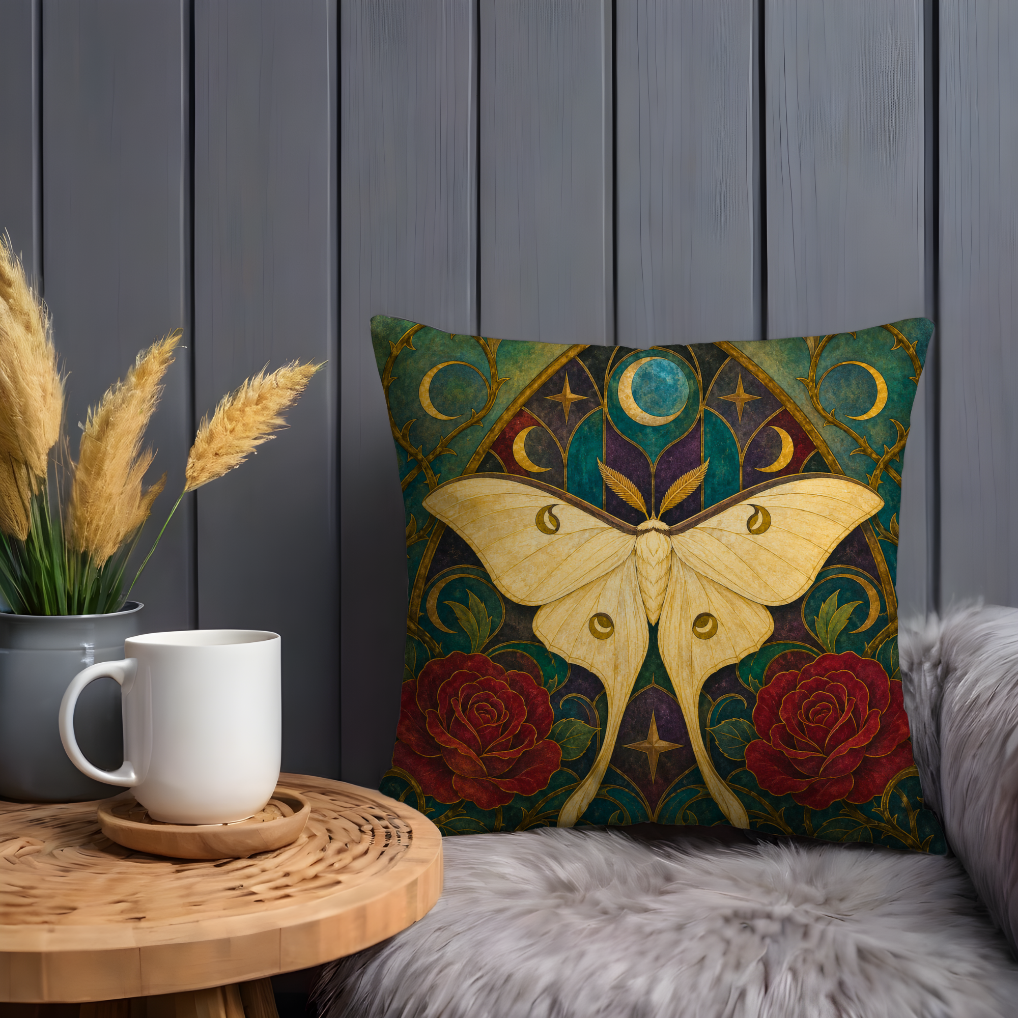 Luna Moth Rose Pillow Cover | Textured Celestial Botanical Art