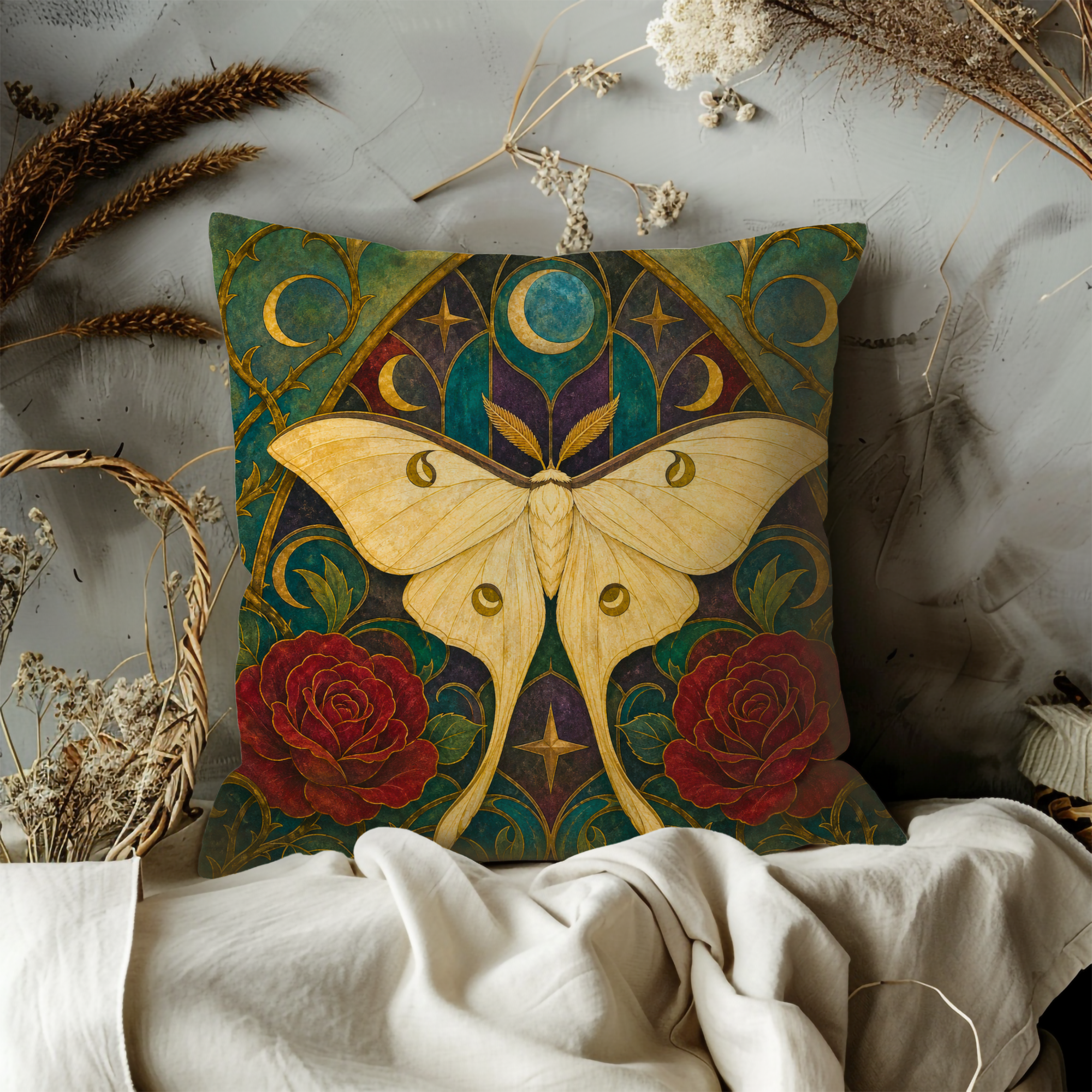 Luna Moth Rose Pillow Cover | Textured Celestial Botanical Art