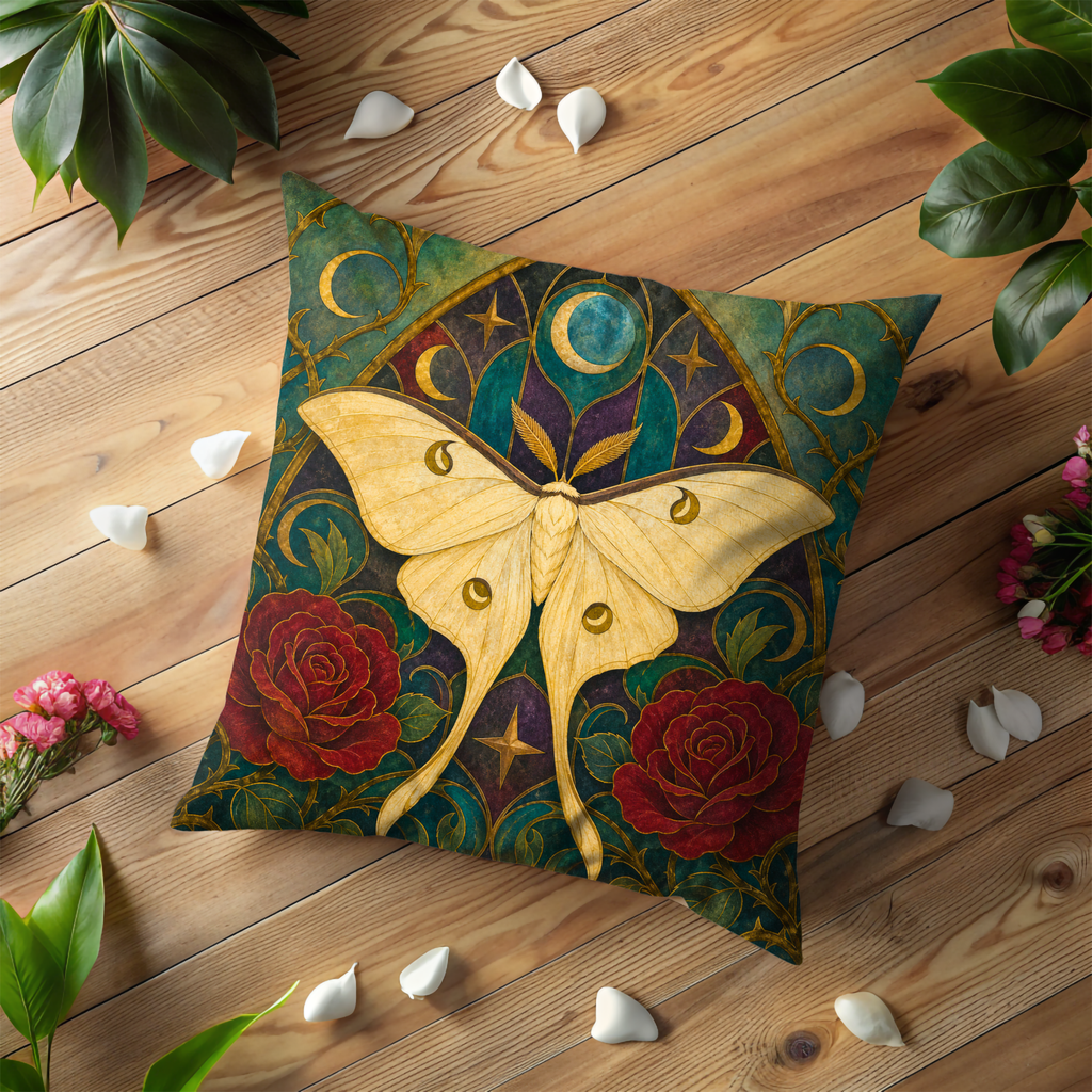 Luna Moth Rose Pillow Cover | Textured Celestial Botanical Art