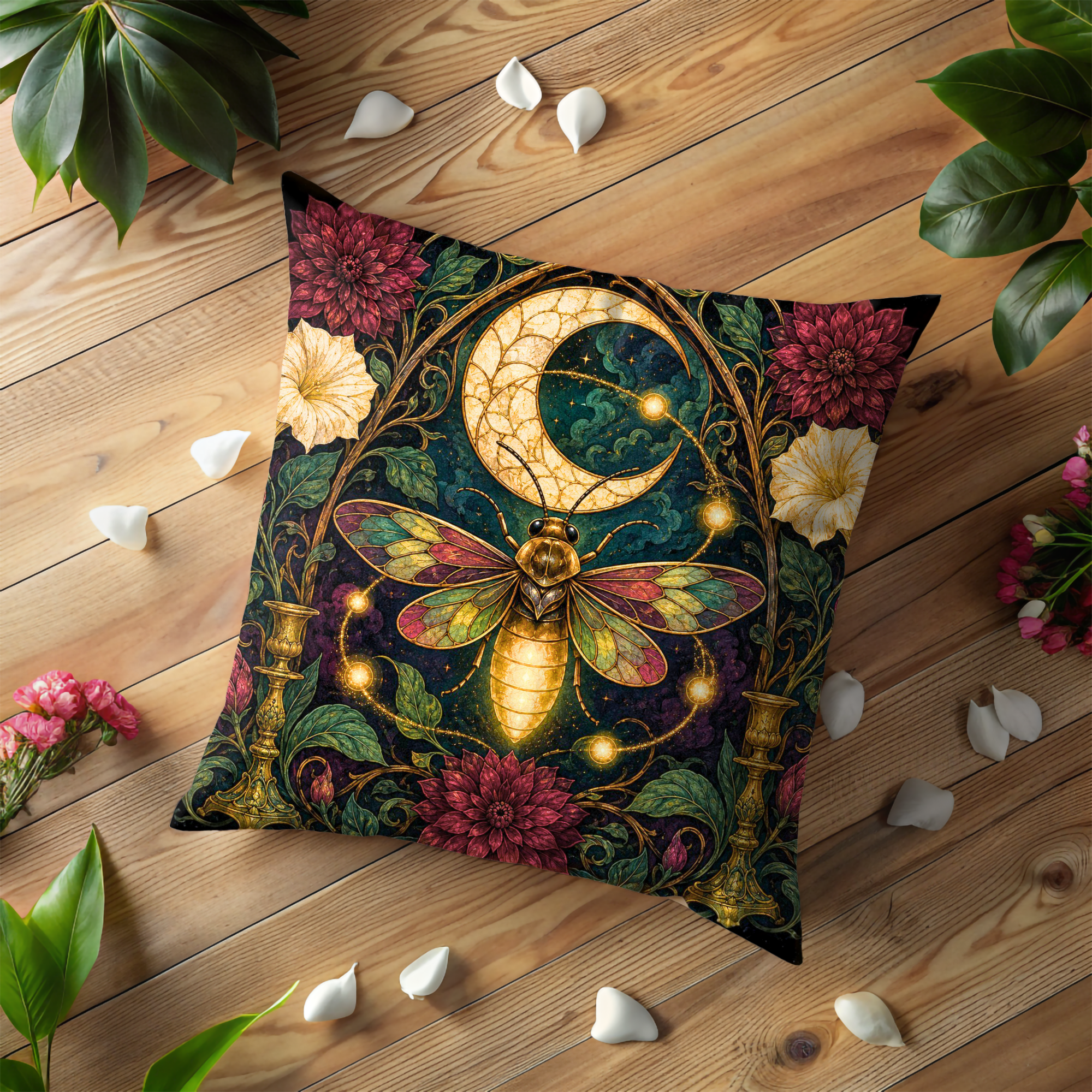Luna Moth Moon Pillow Cover | Dark Floral Celestial Art